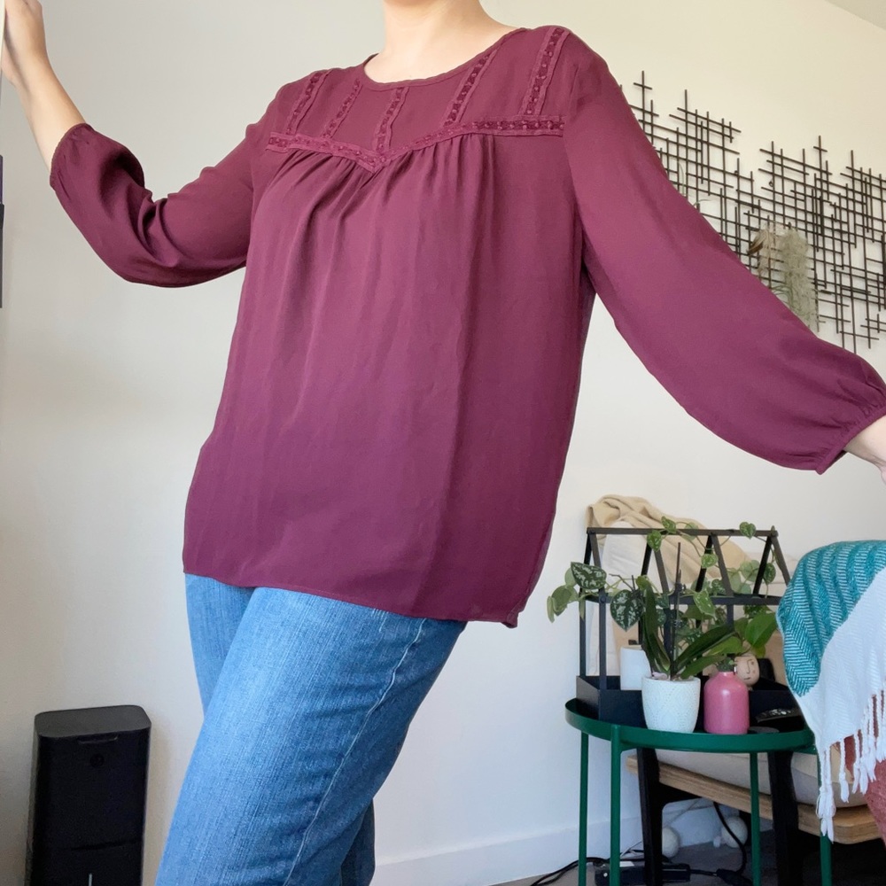 LOFT Semi Sheer Burgundy Blouse with Lace Detailing  - M